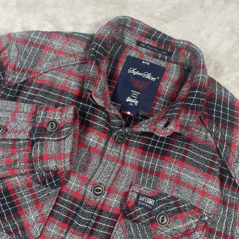 SUPERDRY Milled Flannel Super Shirt Mens M Cotton Gray Plaid Button Up
